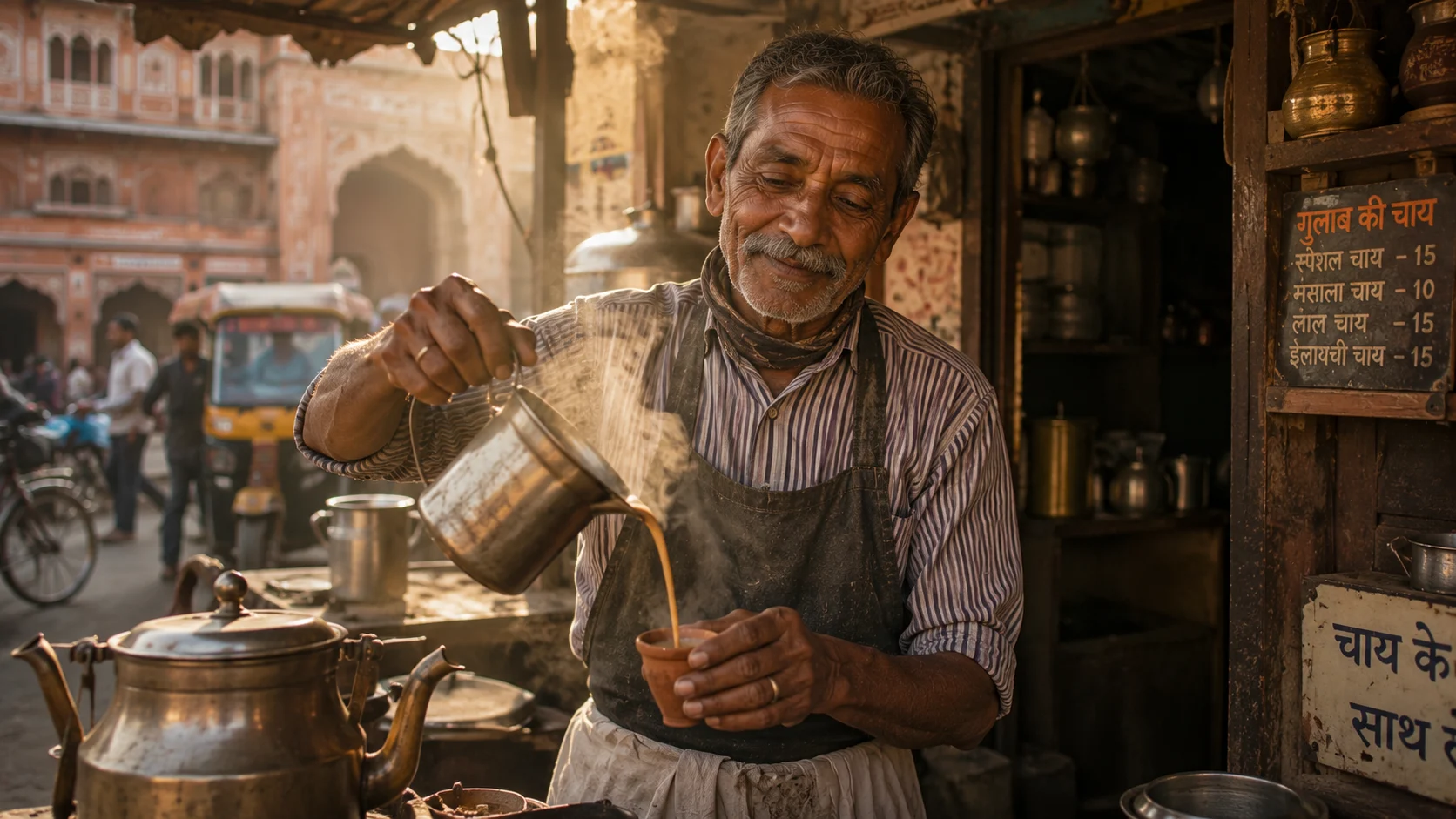 Chai wallah elder AI image prompt for old man — 4K street portrait