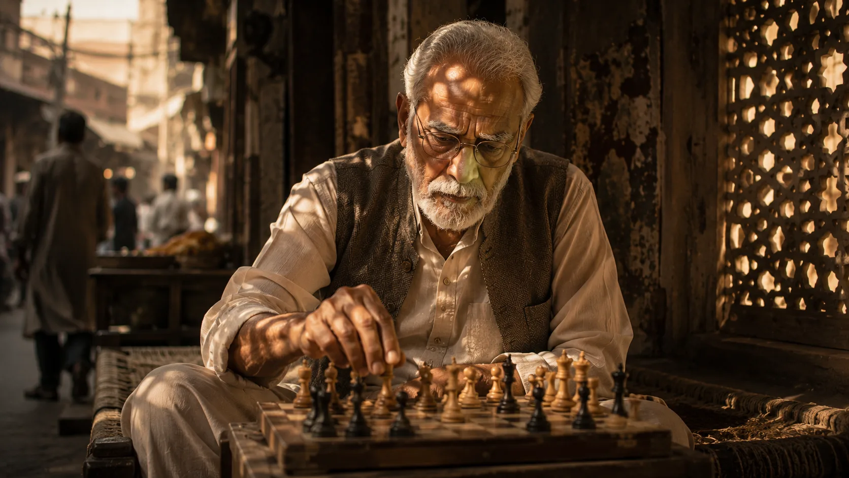 Chess master in Old Delhi AI image prompt for old man — 4K intellectual elder portrait
