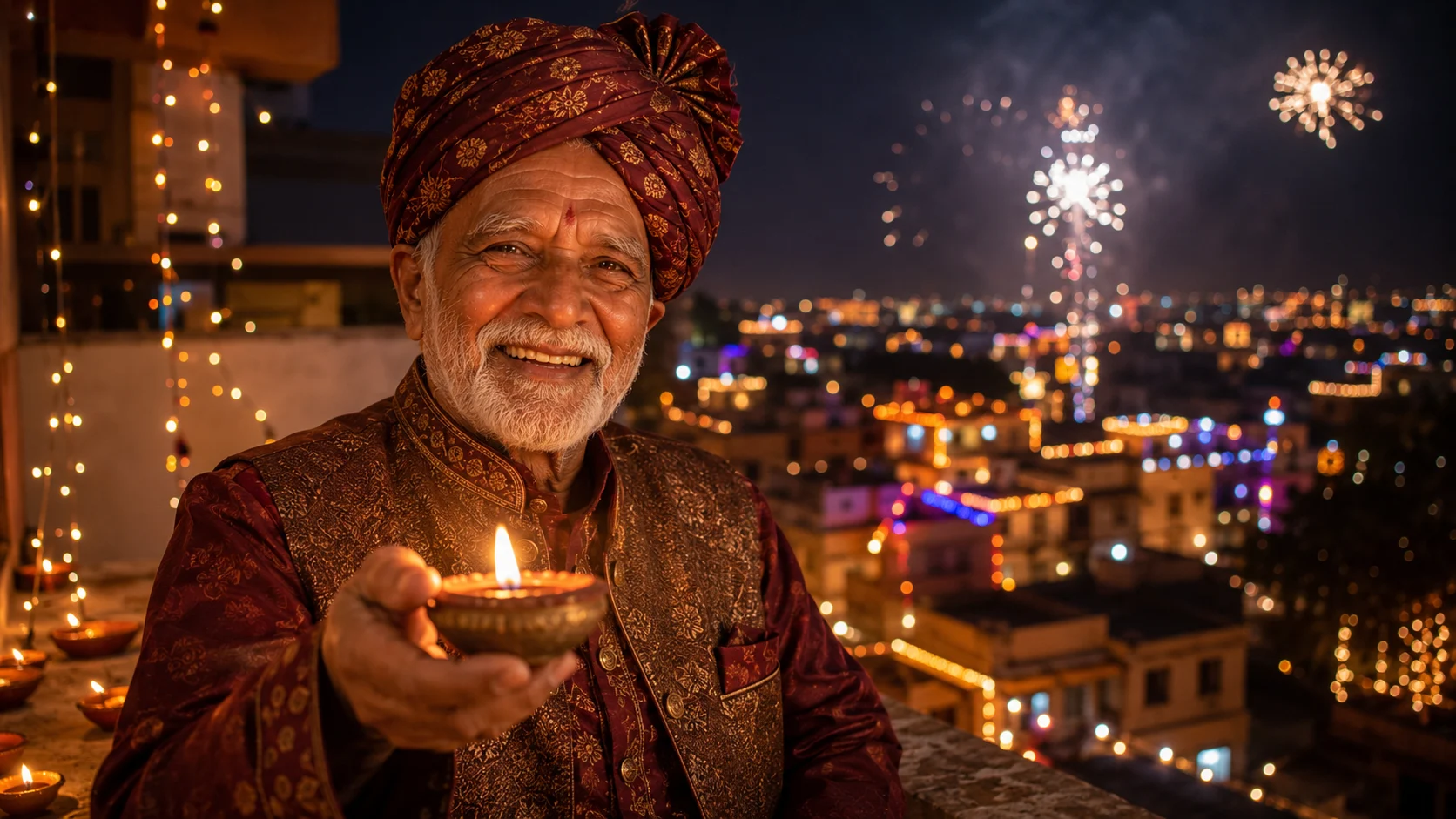 Festive Diwali elder AI image prompt for old man — 4K celebration portrait