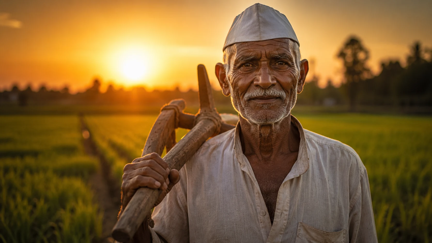 Dignified farmer at sunset AI image prompt for old man — 4K rural elder portrait