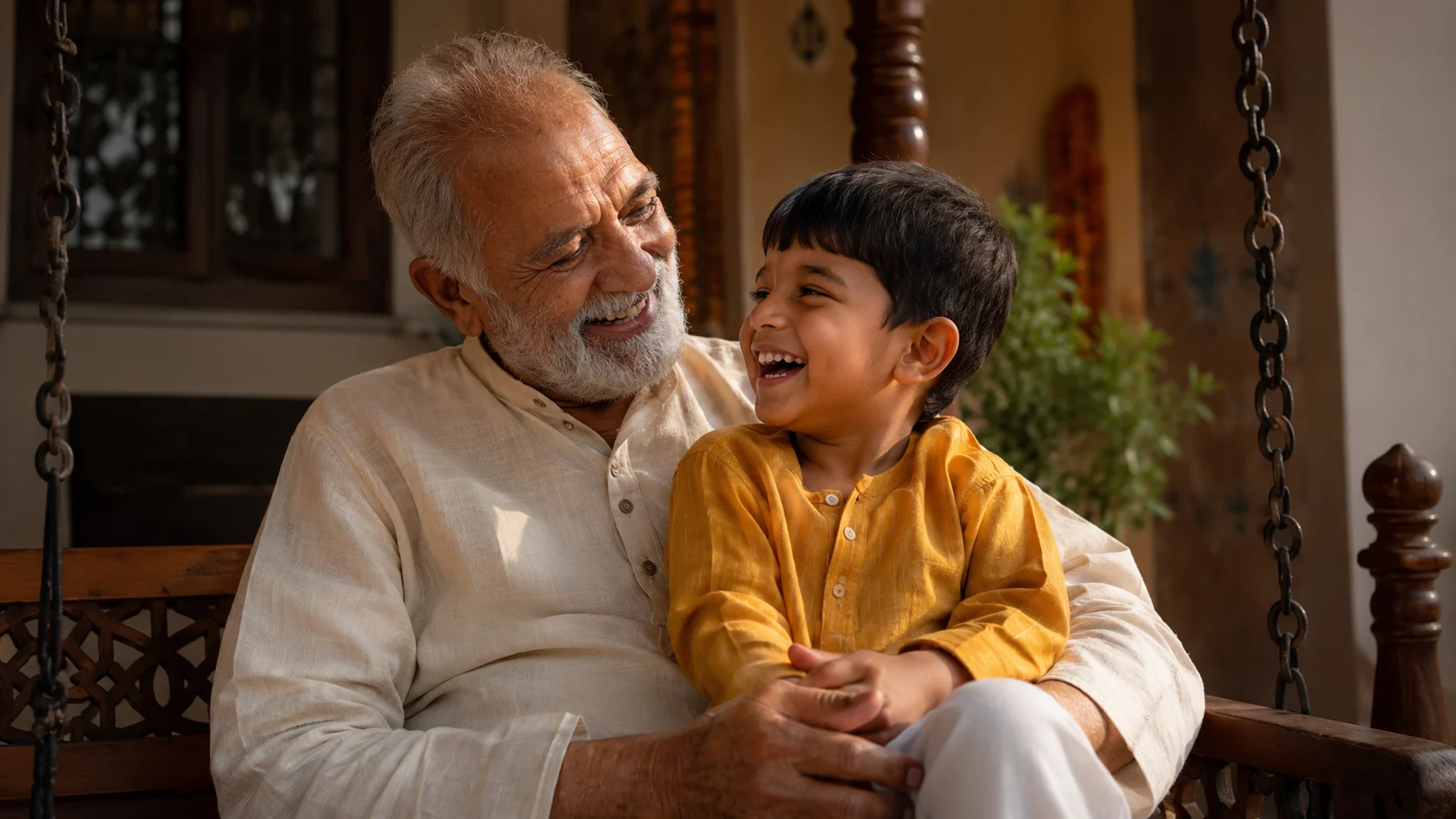 Loving grandfather with grandchild AI image prompt for old man — 4K emotional elder portrait