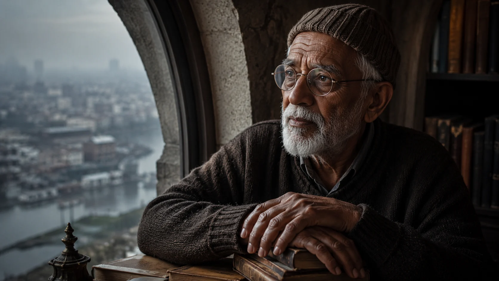Philosophical thinker by window AI image prompt for old man — 4K reflective elder portrait