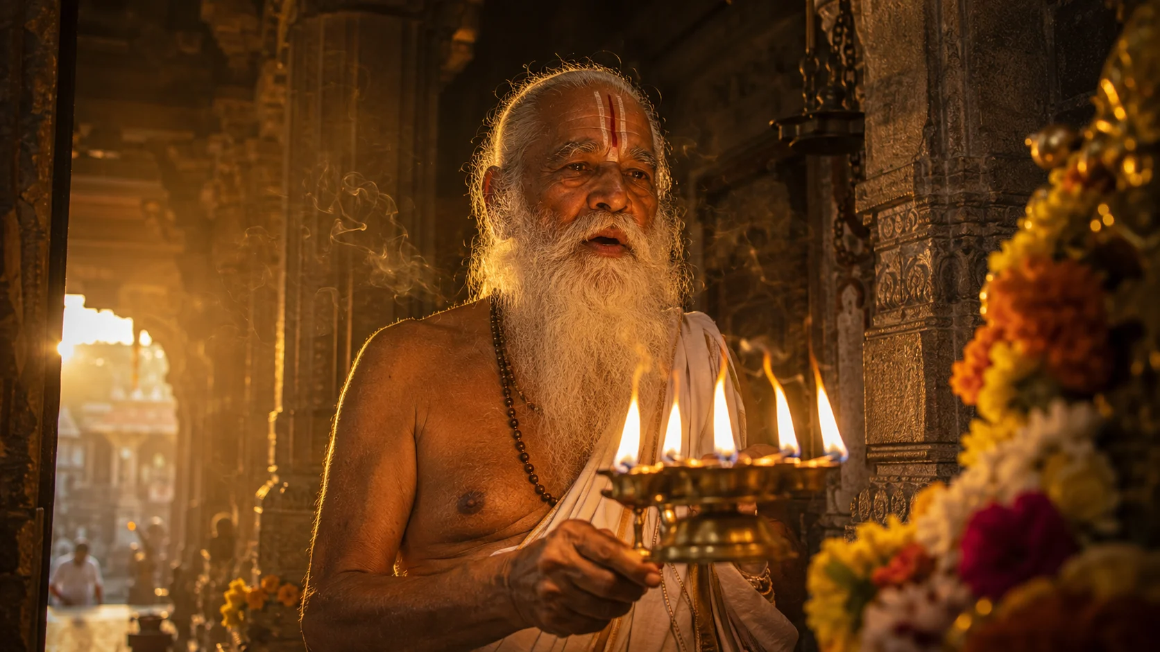 Temple priest at dawn AI image prompt for old man — 4K spiritual elder portrait