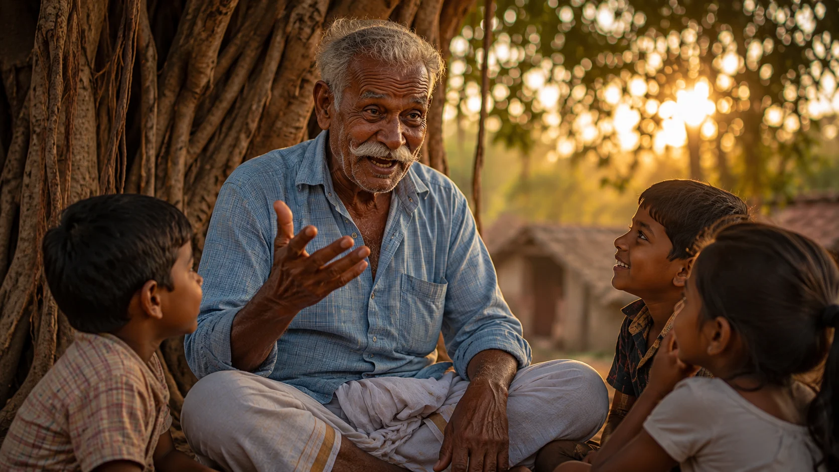 Village storyteller cinematic AI image prompt for old man