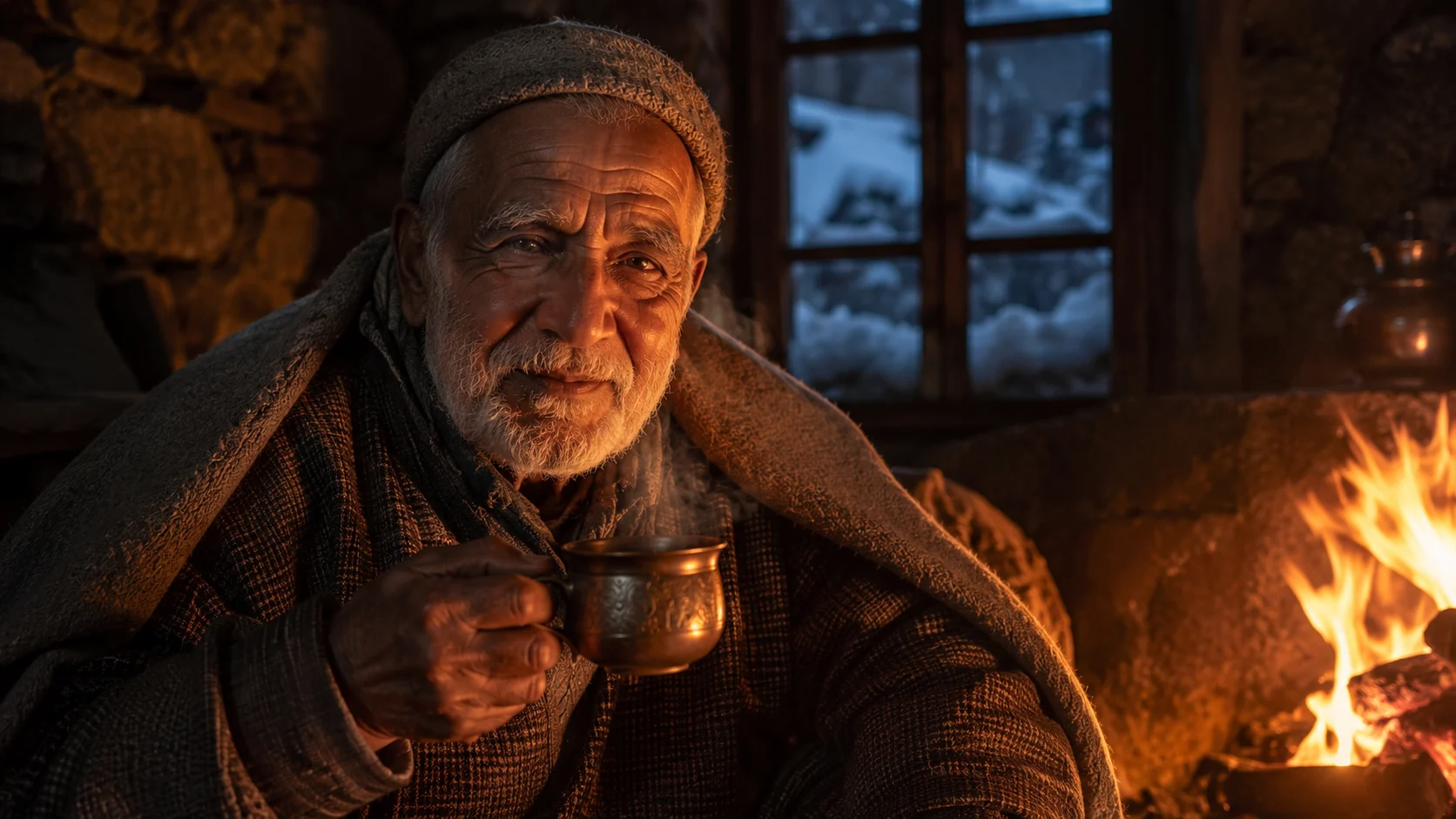Winter elder by wood fire AI image prompt for old man — 4K cozy elder portrait