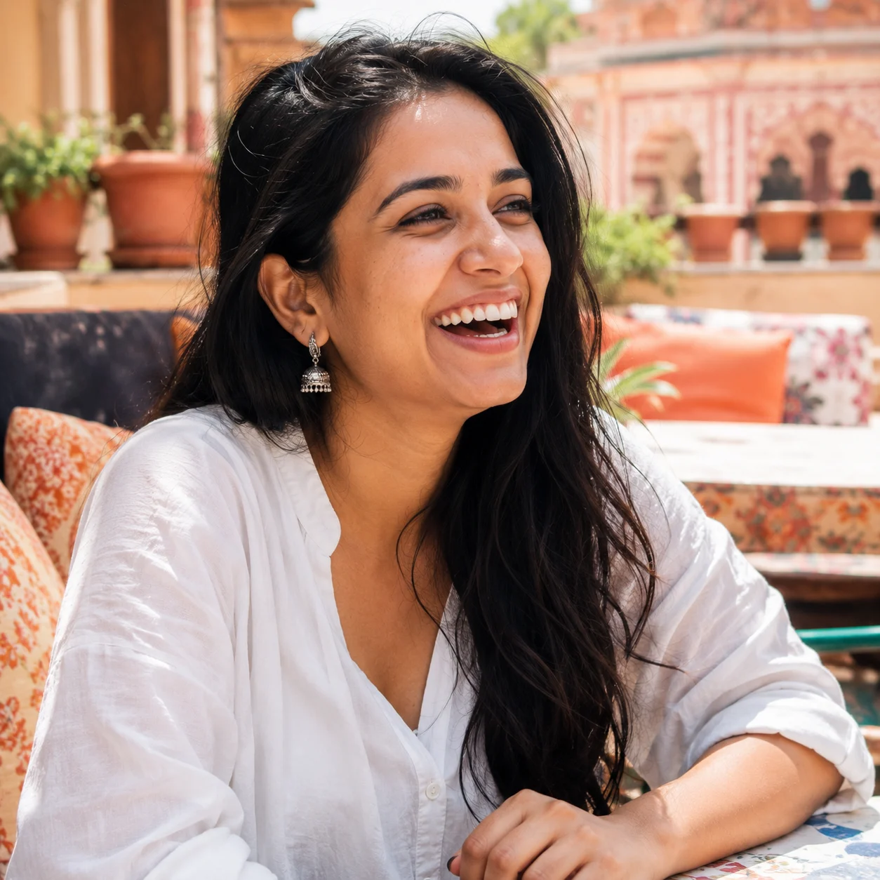Candid cafe laugh AI prompt for profile picture — 4K authentic DP