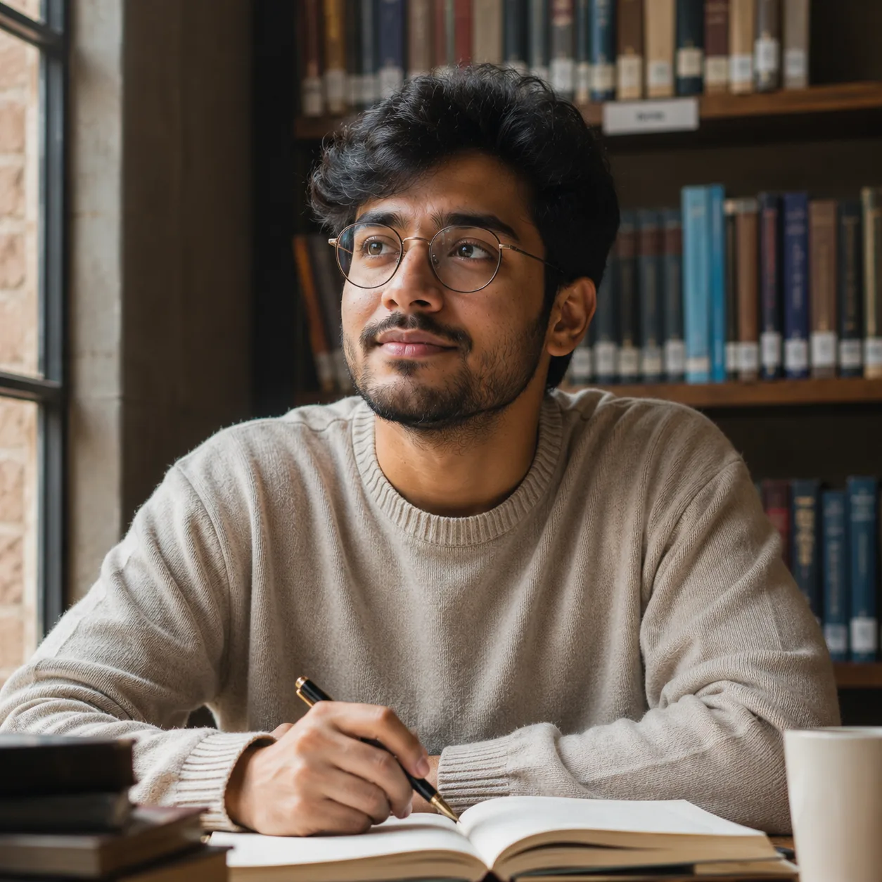 Soft natural library light AI prompt for profile picture — 4K intellectual DP