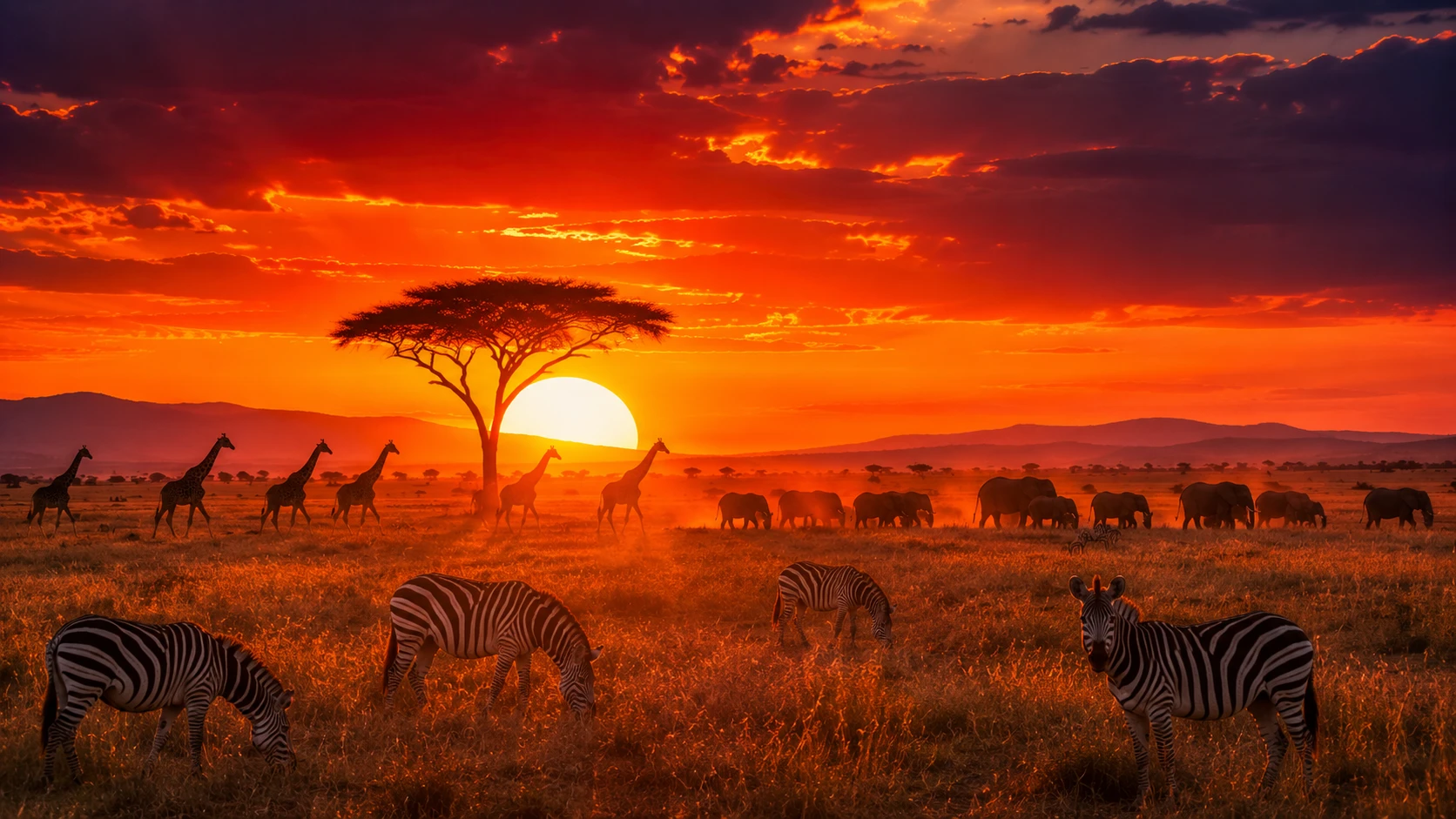 African savannah sunset AI image prompt — 4K golden hour wildlife scene
