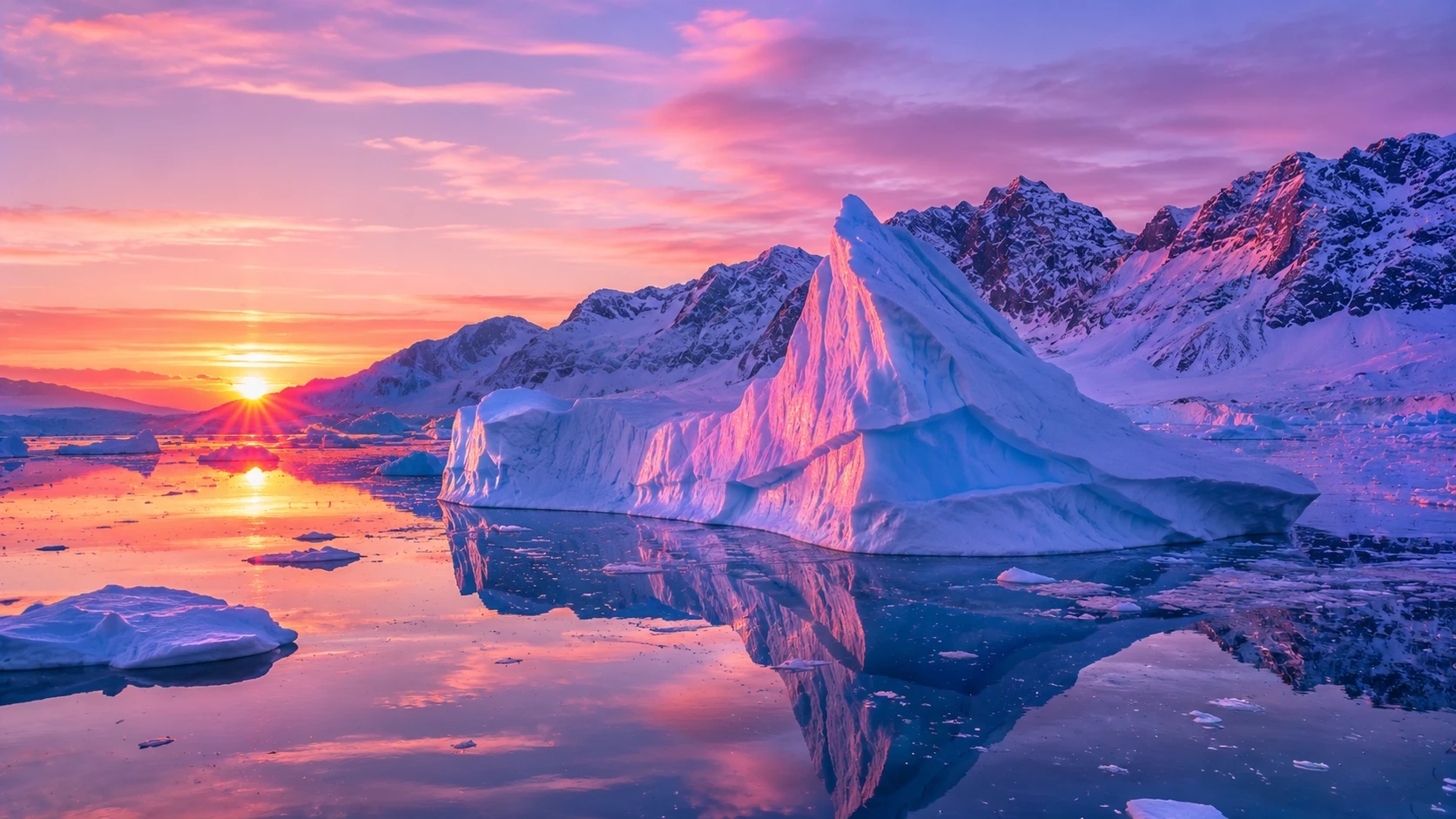 Arctic sunset with icebergs AI image prompt — 4K golden hour polar scene