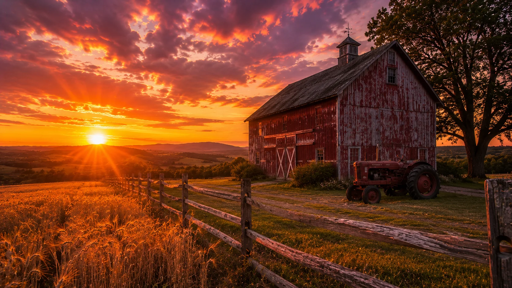 Country barn sunset AI image prompt — 4K golden hour rural scene