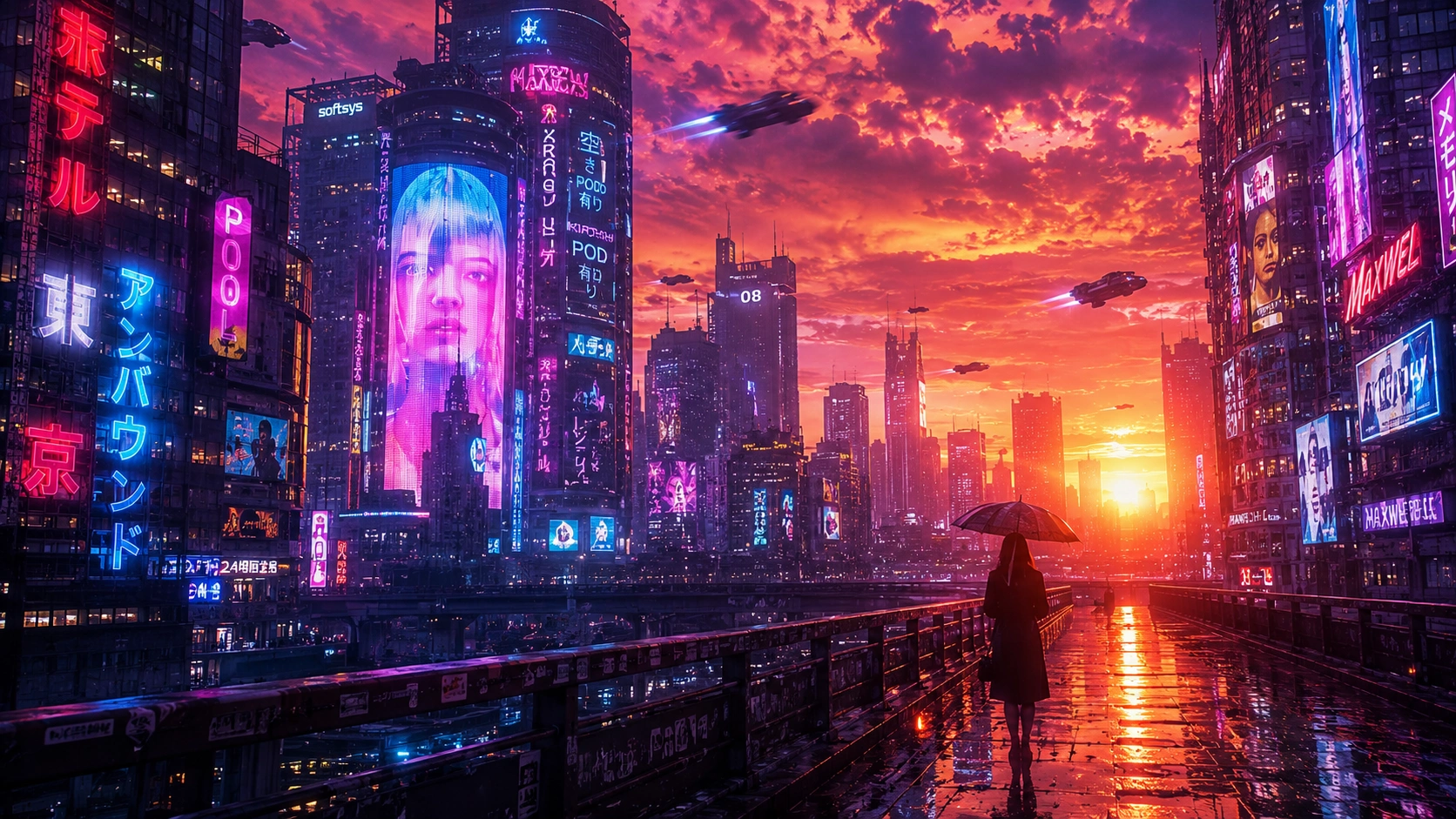 Cyberpunk futuristic sunset AI image prompt — 4K golden hour sci-fi scene