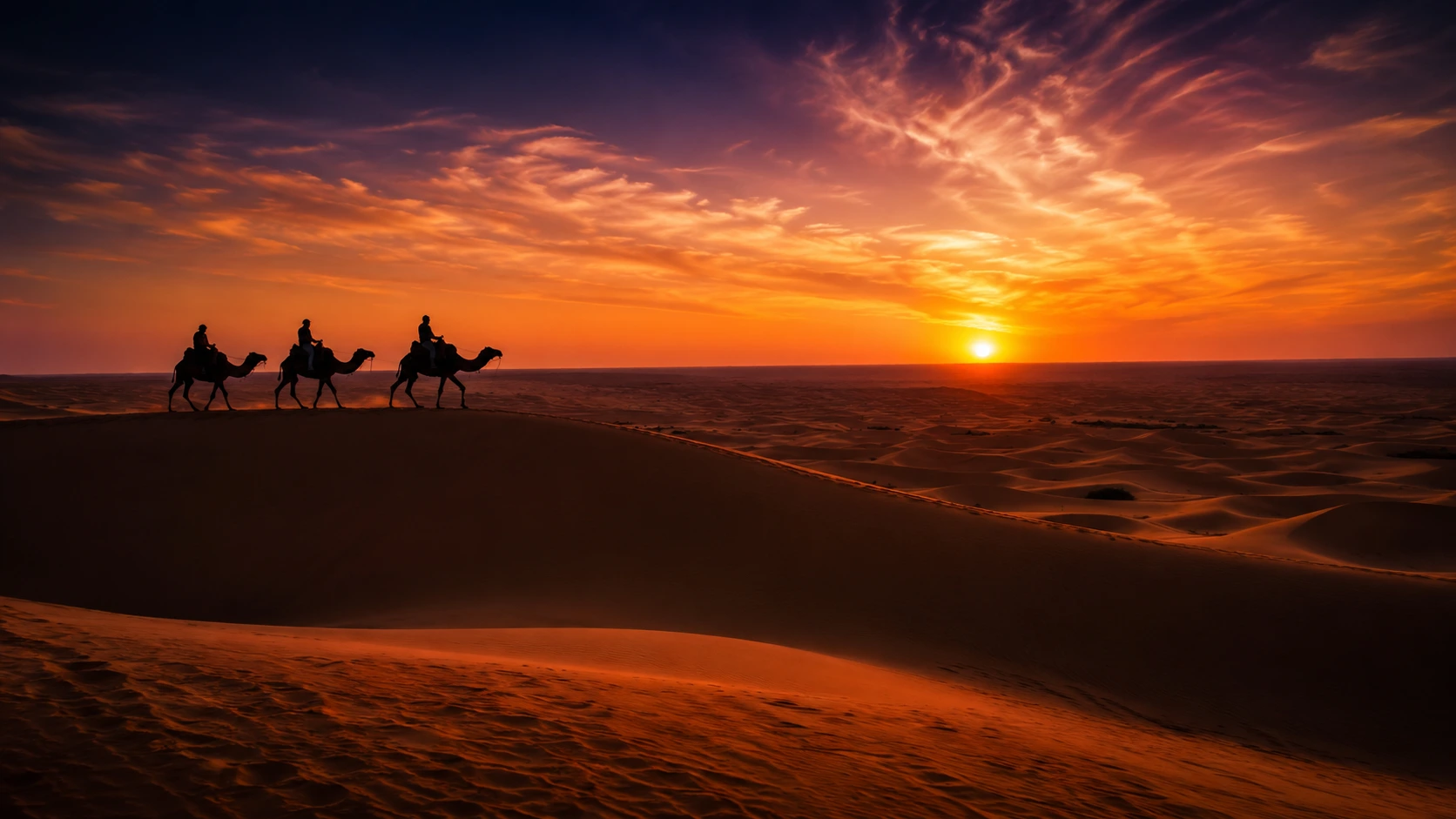 Desert sunset with silhouetted camel AI image prompt — 4K golden hour scene