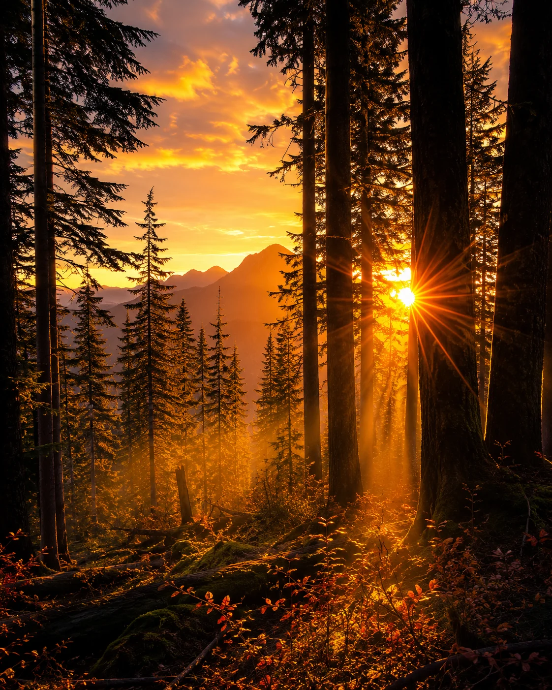 Forest silhouette sunset AI image prompt — 4K golden hour woodland scene