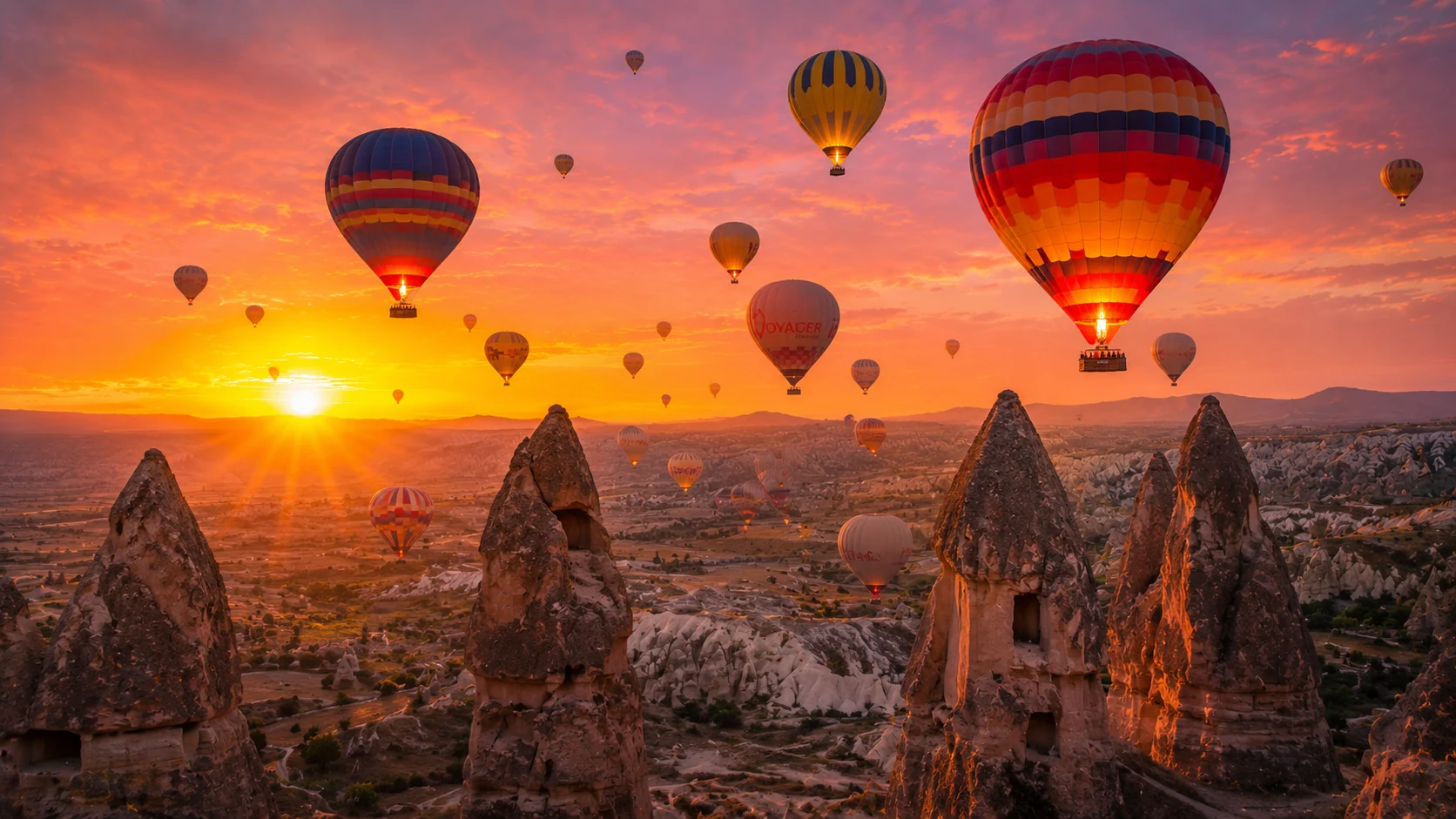 Hot air balloon sunset AI image prompt — 4K golden hour aerial scene