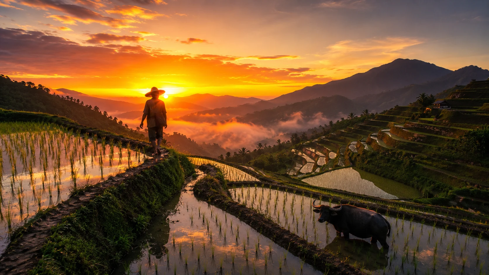 Rice terrace sunset AI image prompt — 4K golden hour agricultural scene