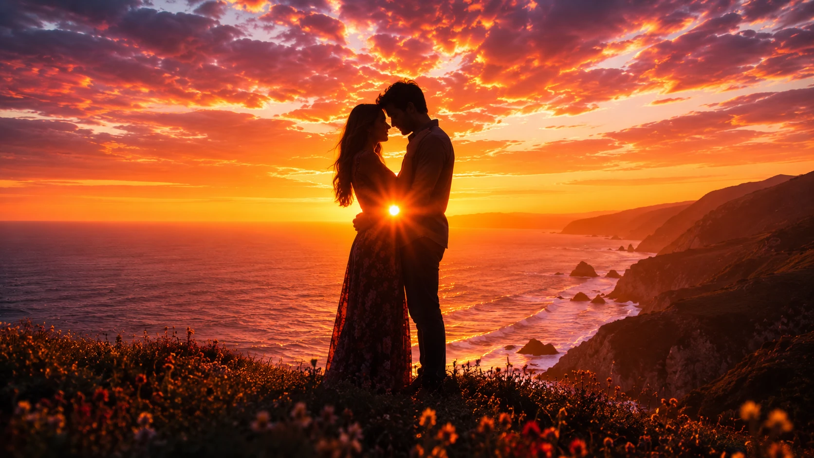Romantic couple silhouette sunset AI image prompt — 4K golden hour scene