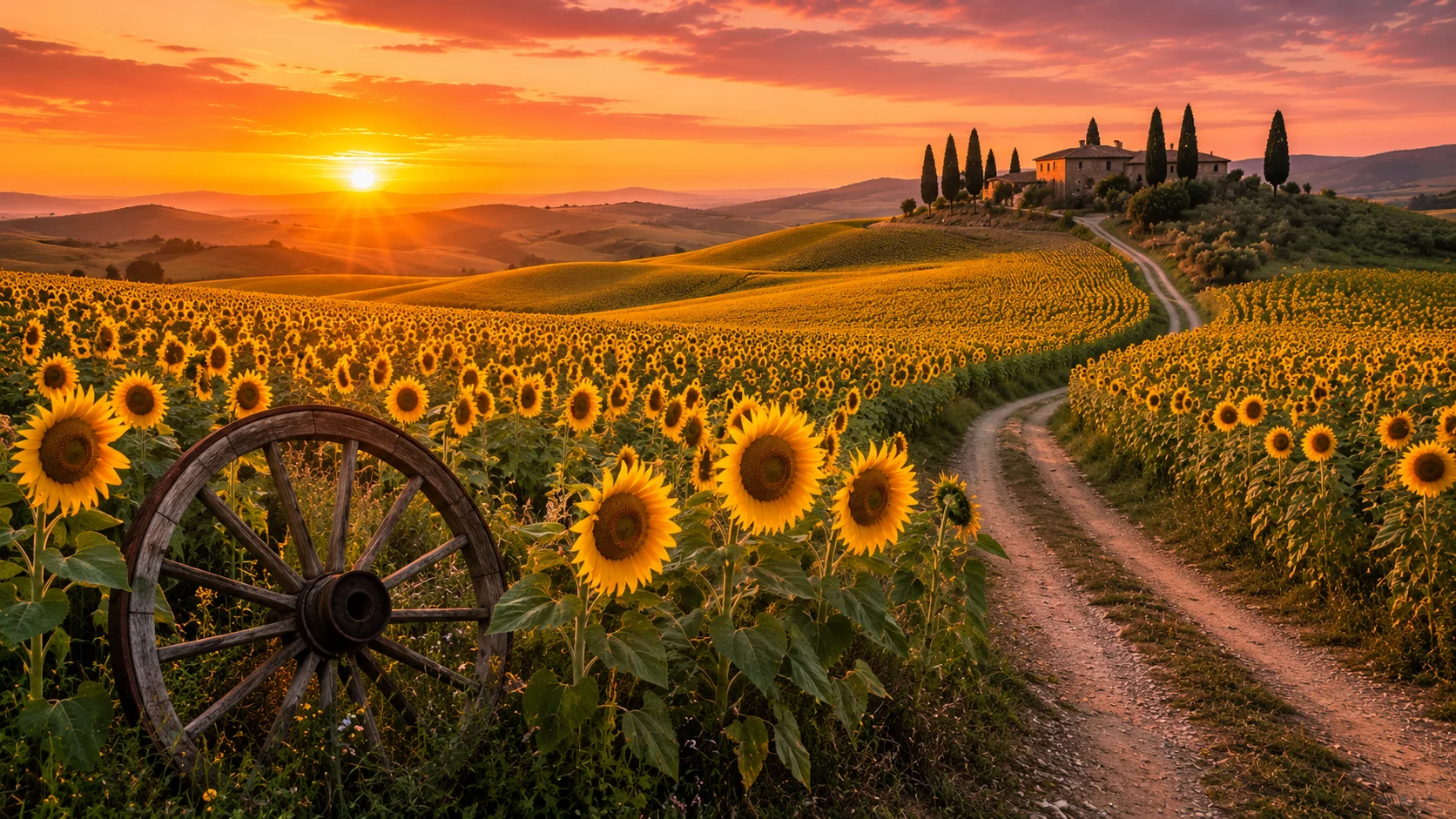 Sunflower field sunset AI image prompt — 4K golden hour floral scene