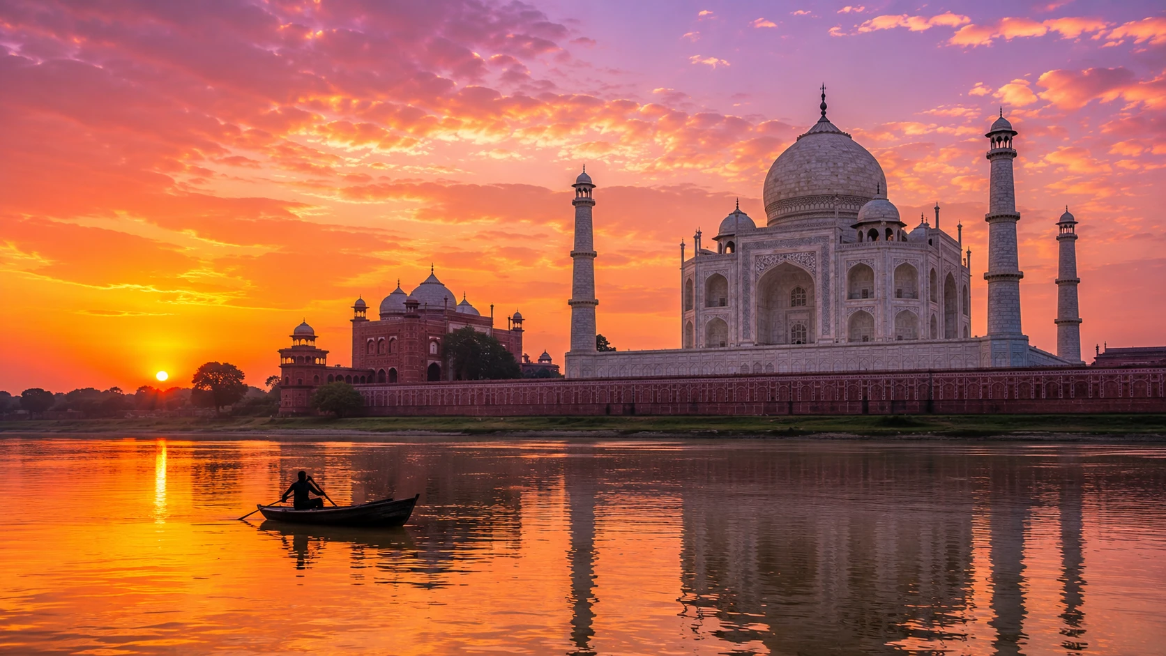Taj Mahal at sunset AI image prompt — 4K golden hour monument scene