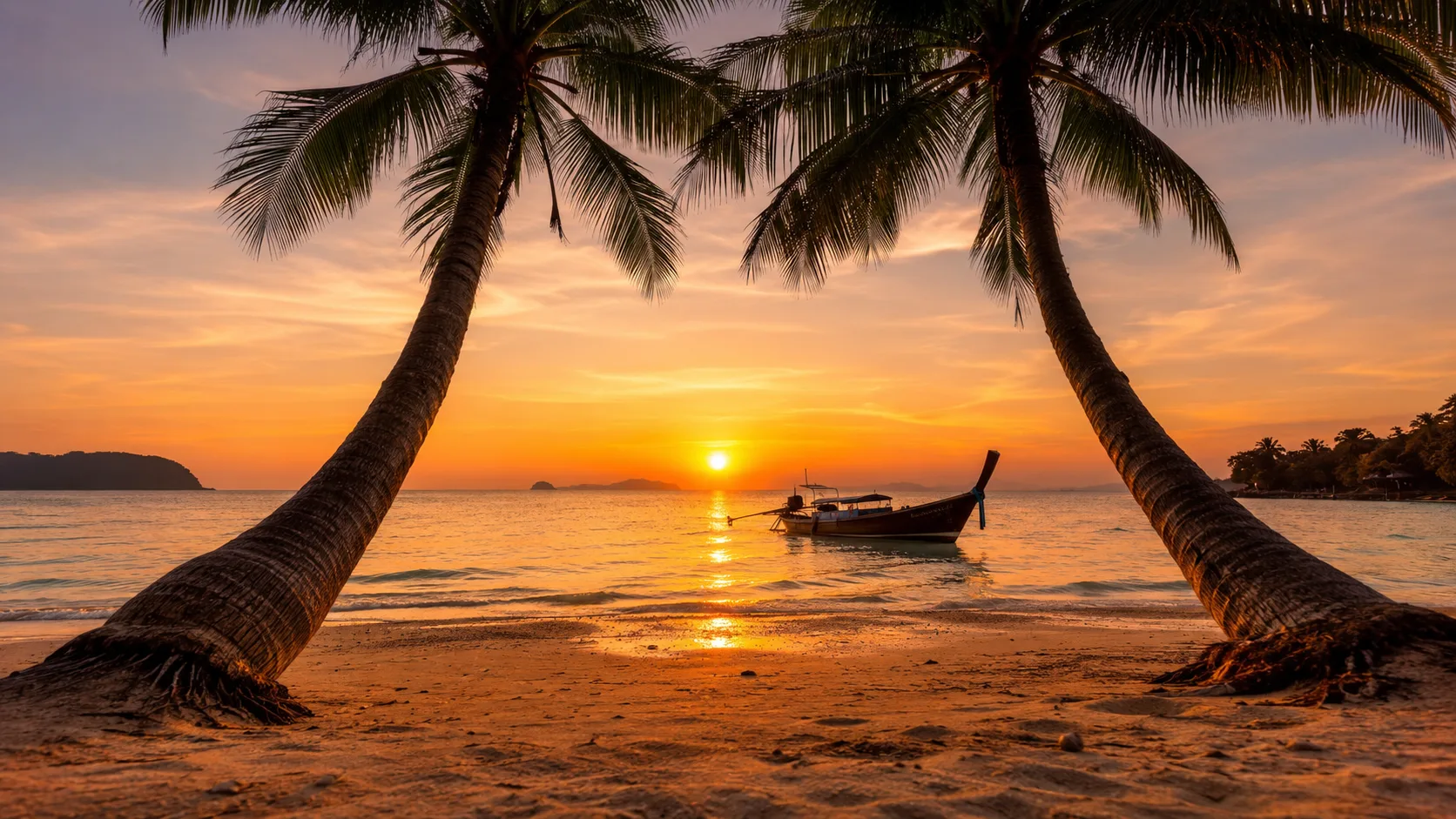 Tropical beach sunset with palm trees AI image prompt — 4K golden hour scene
