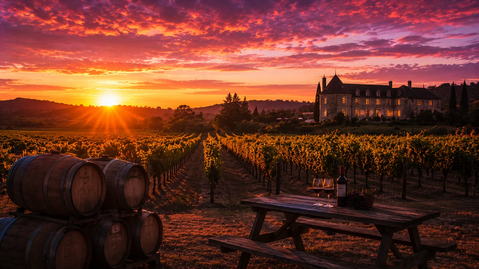 Vineyard sunset AI image prompt — 4K golden hour wine country scene