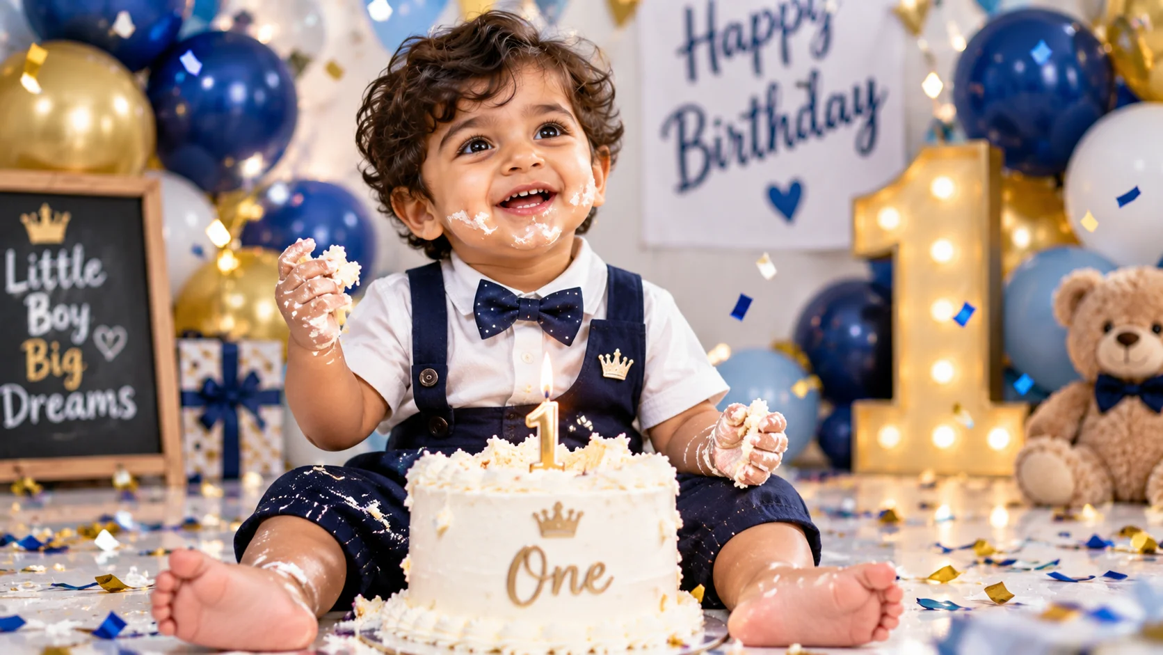 Birthday smash cake toddler boy AI image prompt — joyful 4K celebration portrait