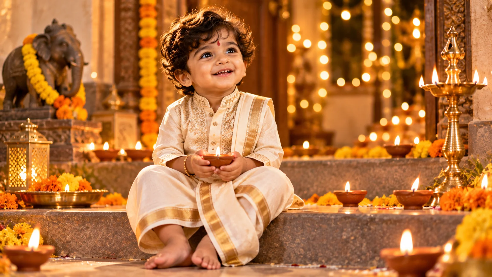 Festive traditional kurta Diwali toddler boy AI image prompt — warm 4K portrait