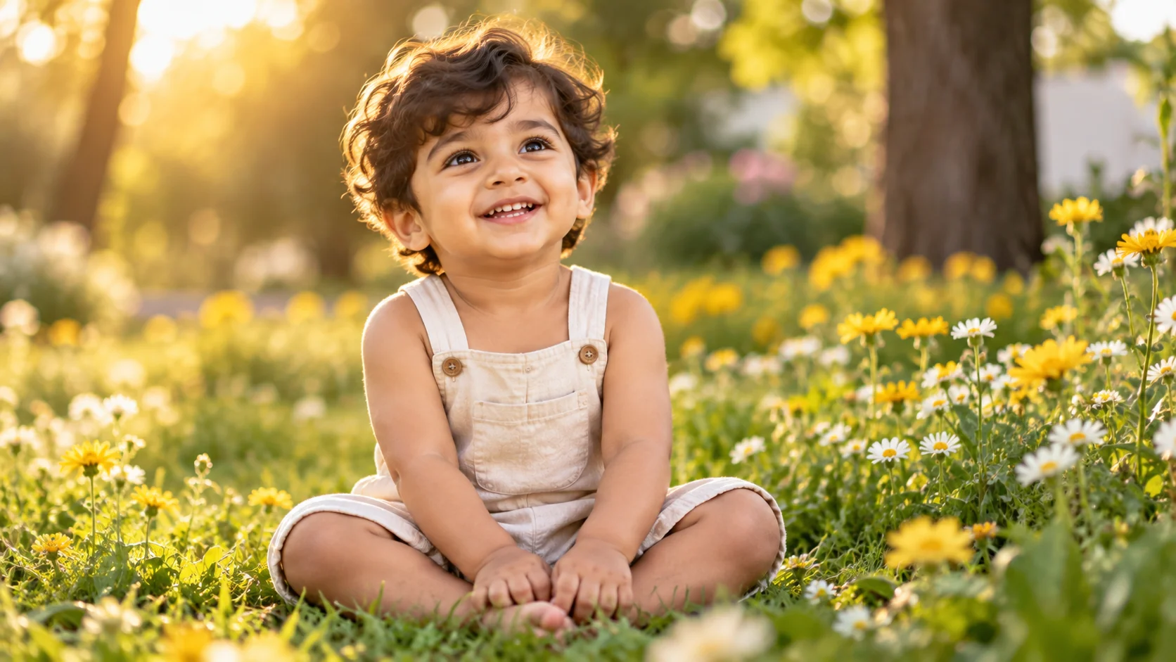 Golden hour garden toddler boy AI image prompt — 4K warm outdoor portrait