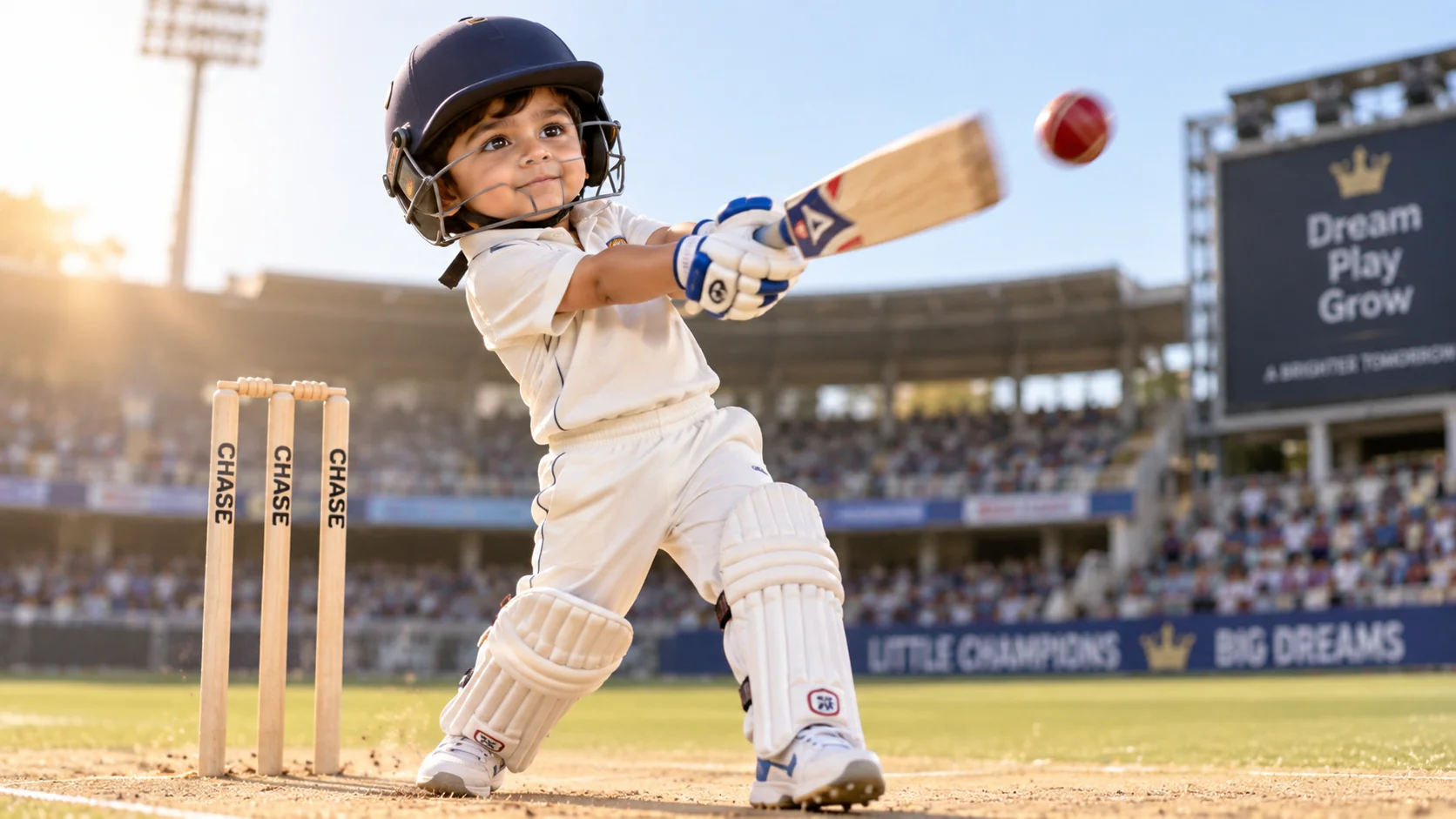 Mini cricket athlete toddler boy AI image prompt — sports 4K portrait