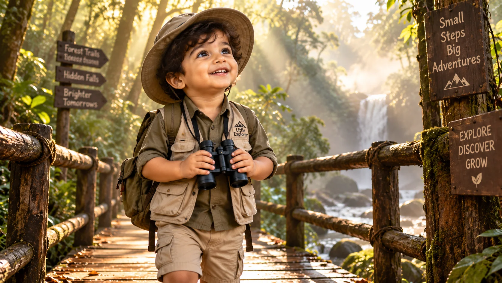 Outdoor adventure forest explorer toddler boy AI image prompt — 4K nature portrait