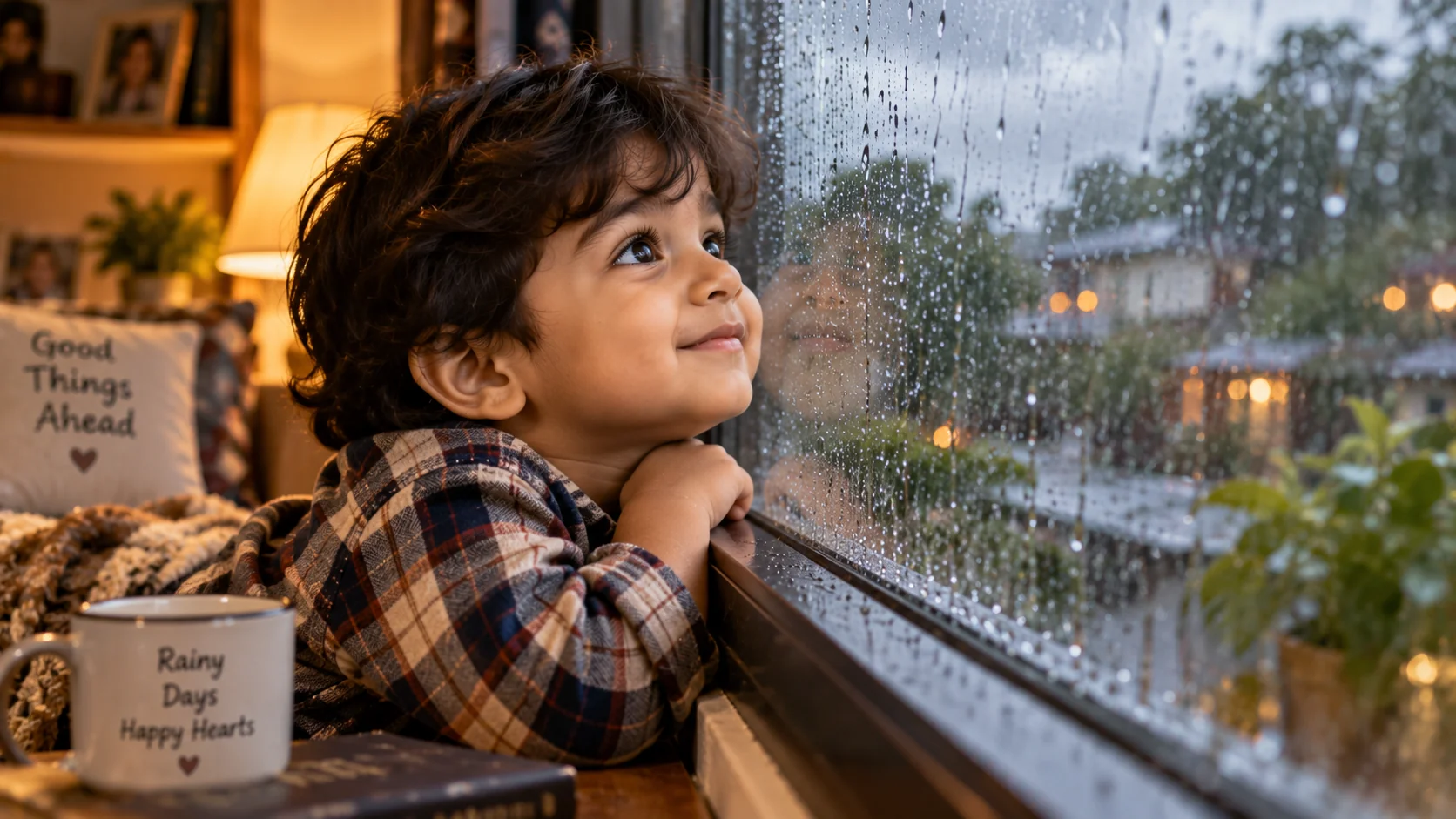 Rainy window explorer toddler boy AI image prompt — cozy 4K candid portrait