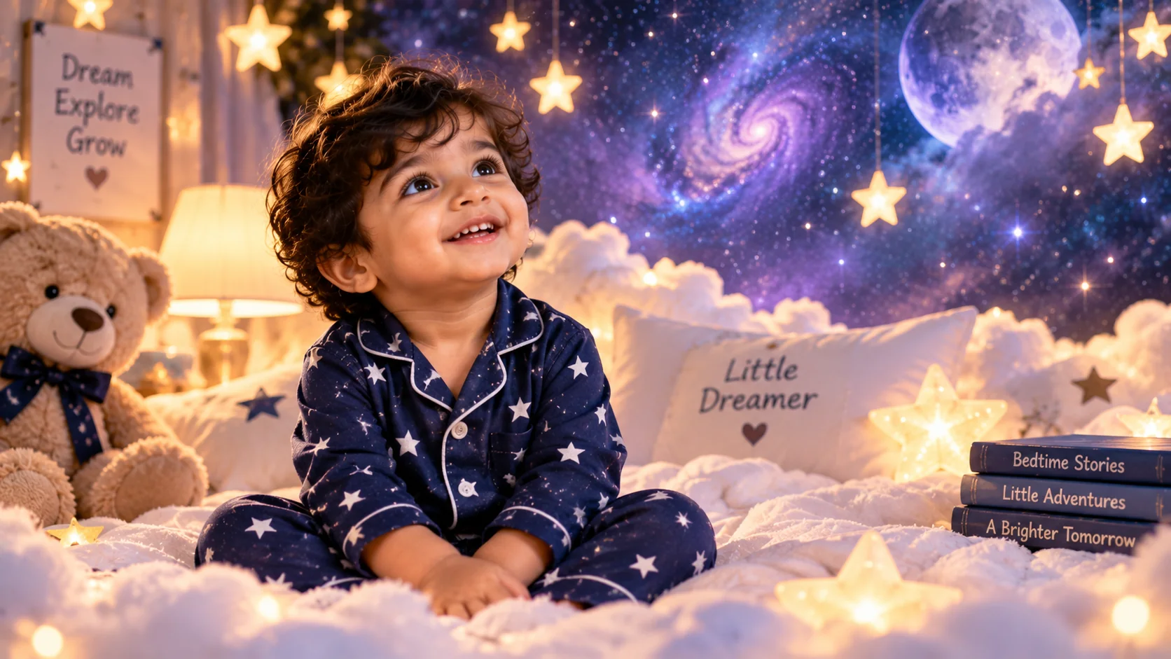 Starry night dreamcore bedtime toddler boy AI image prompt — dreamy 4K portrait