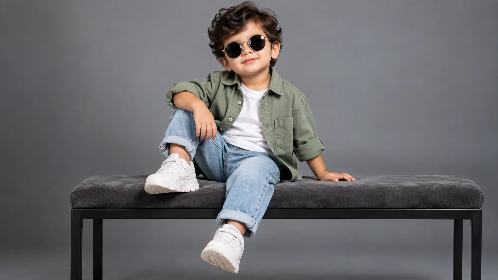 Studio mini fashion toddler boy AI image prompt — 4K stylish portrait with sunglasses