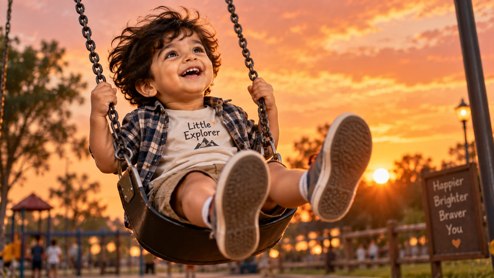 Sunset swing park toddler boy AI image prompt — golden hour 4K outdoor portrait