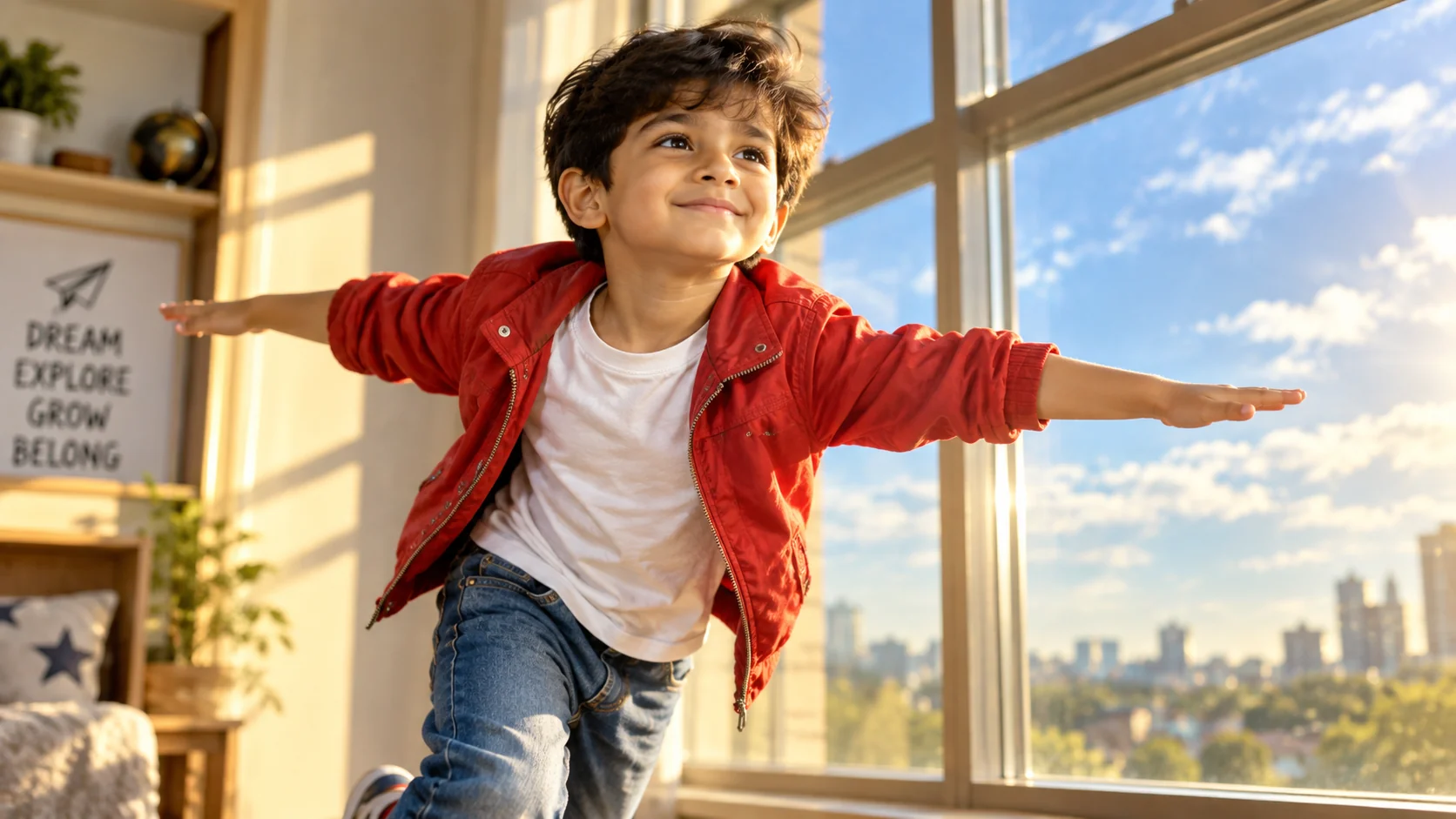 Outdoor airplane pose toddler boy AI image prompt — joyful 4K cinematic portrait