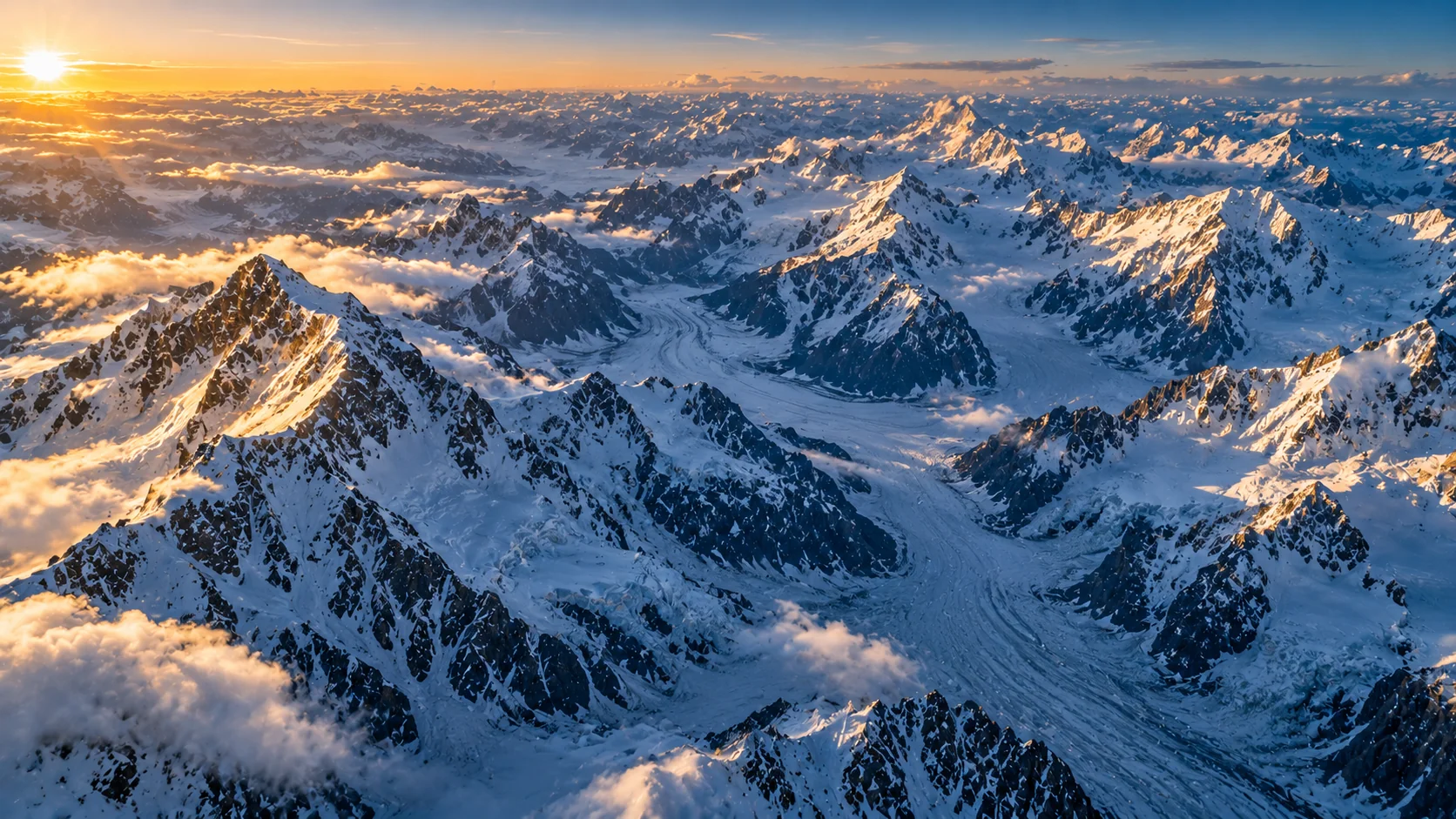 Aerial view snow-covered mountain range AI image prompt for winter landscapes — bird&rsquo;s-eye alpine photography