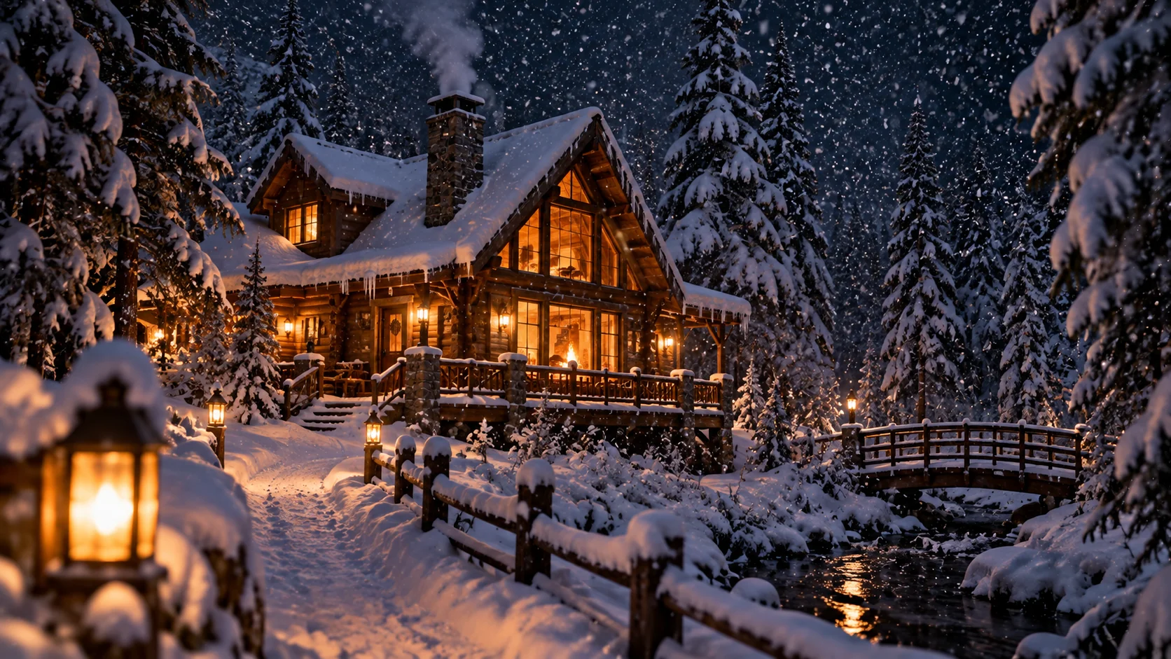 Cozy cabin in pine forest snowstorm AI image prompt for winter snow landscapes — warm firelight night photography