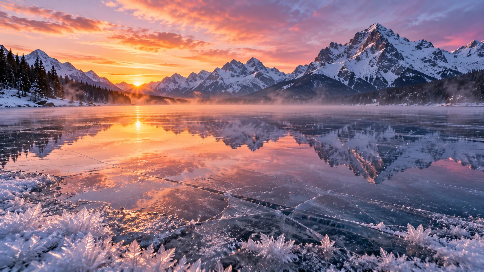 Frozen lake at sunrise AI image prompt for winter snow landscapes — ethereal misty reflection photography