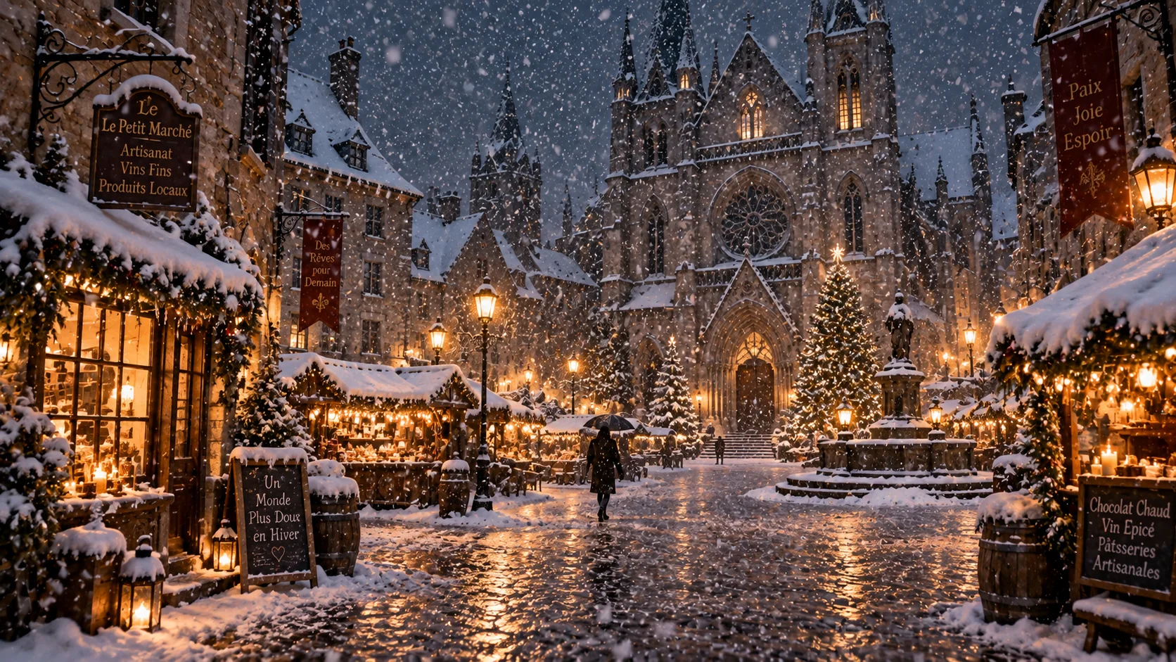 Heavy snowfall in European old town square AI image prompt for winter landscapes — moody atmospheric street photography
