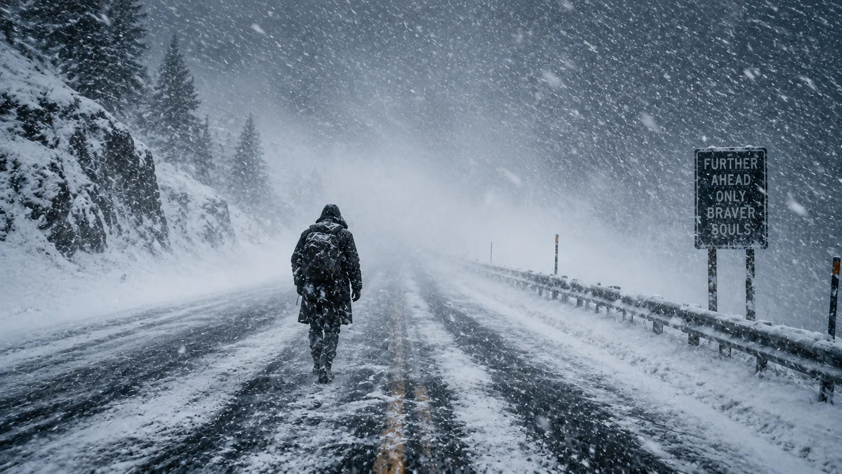 Lone figure walking through a blizzard AI image prompt for winter landscapes — dramatic cinematic mood photography