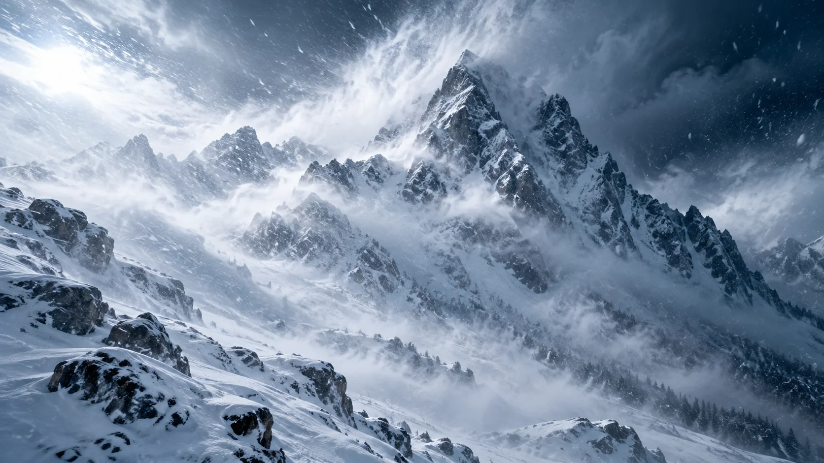 Mountain blizzard whiteout AI image prompt for winter snow landscapes — cinematic extreme weather photography