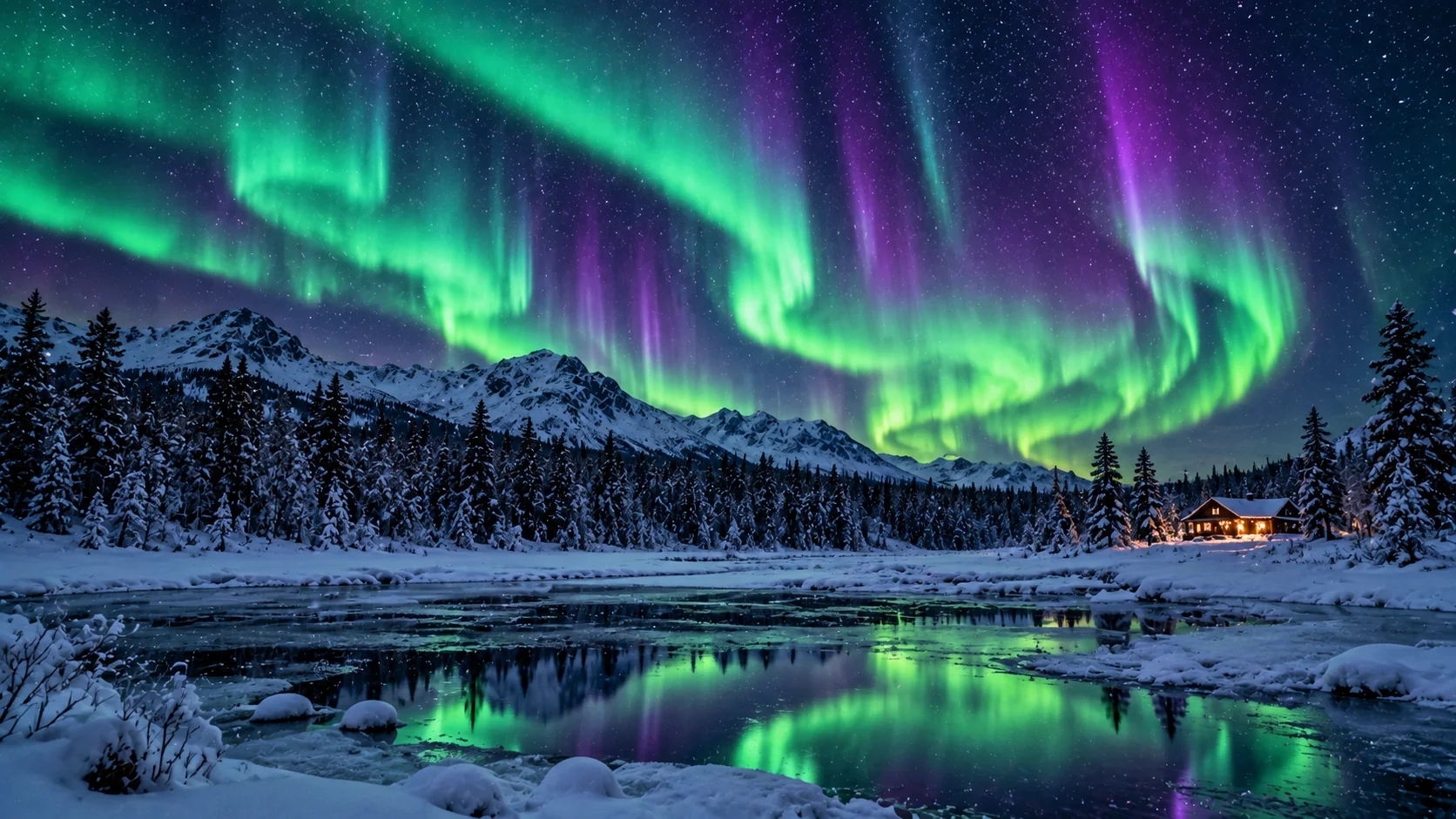 Northern lights aurora over snow-covered landscape AI image prompt for winter — Scandinavian nightscape photography