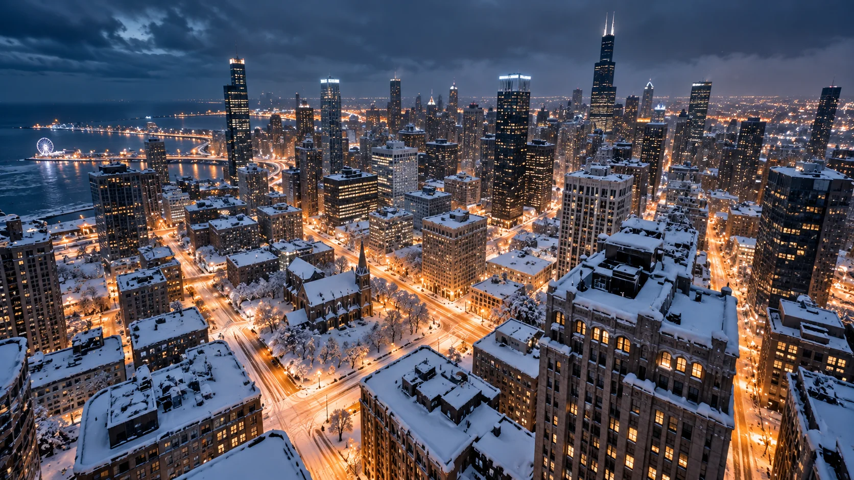 Snow-covered city at night AI image prompt for winter landscapes — cinematic urban snowfall with glowing street lights