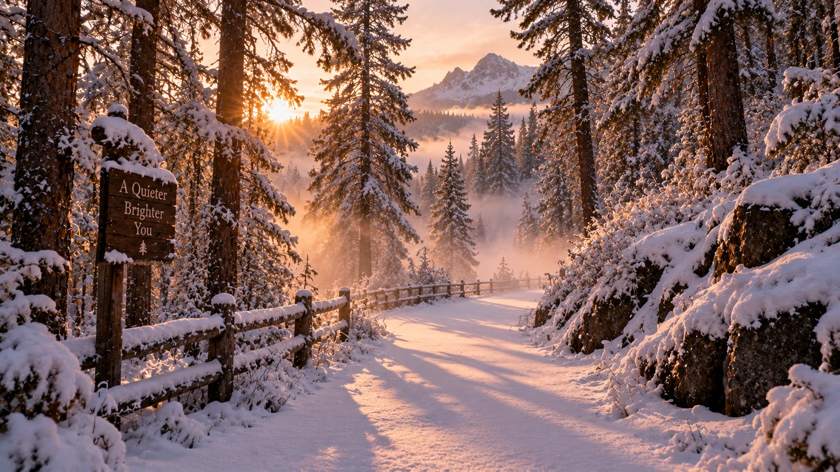 Snow-dusted forest path at dawn AI image prompt for winter landscapes — serene golden light nature photography