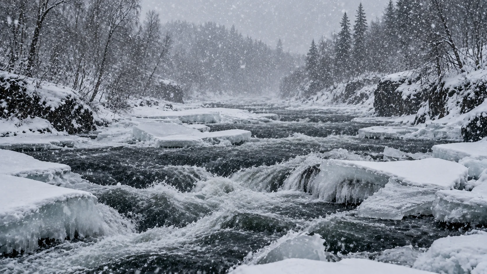 Snowstorm over a frozen river AI image prompt for winter landscapes — dramatic dark water ice photography