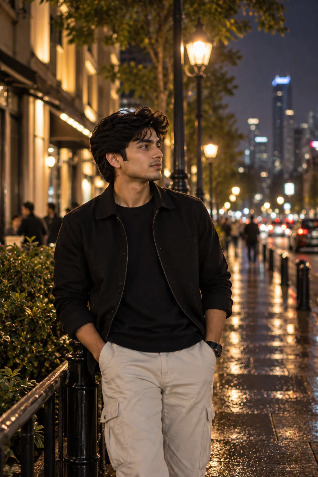 Cinematic night portrait AI image with urban lights for Instagram