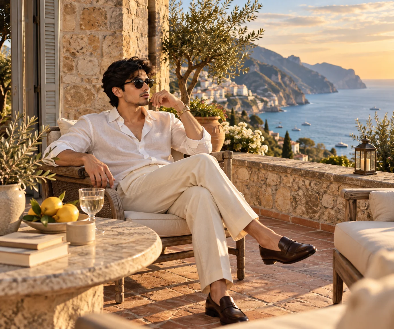 Old money summer portrait at a luxurious European villa
