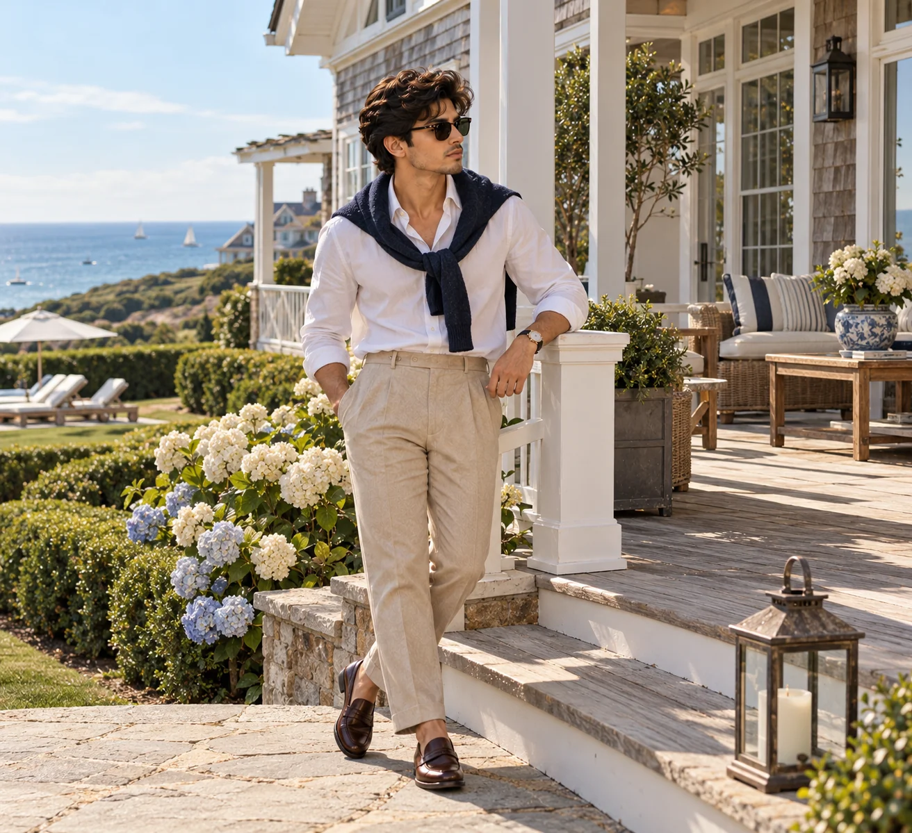 Elegant Hamptons inspired old money coastal fashion portrait