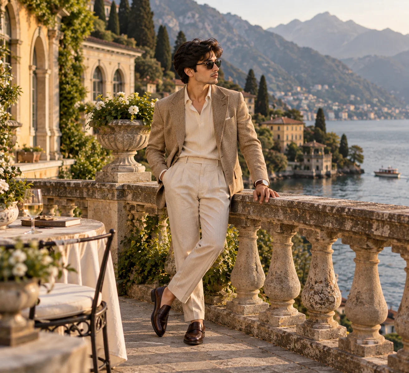 Cinematic old money portrait overlooking Lake Como
