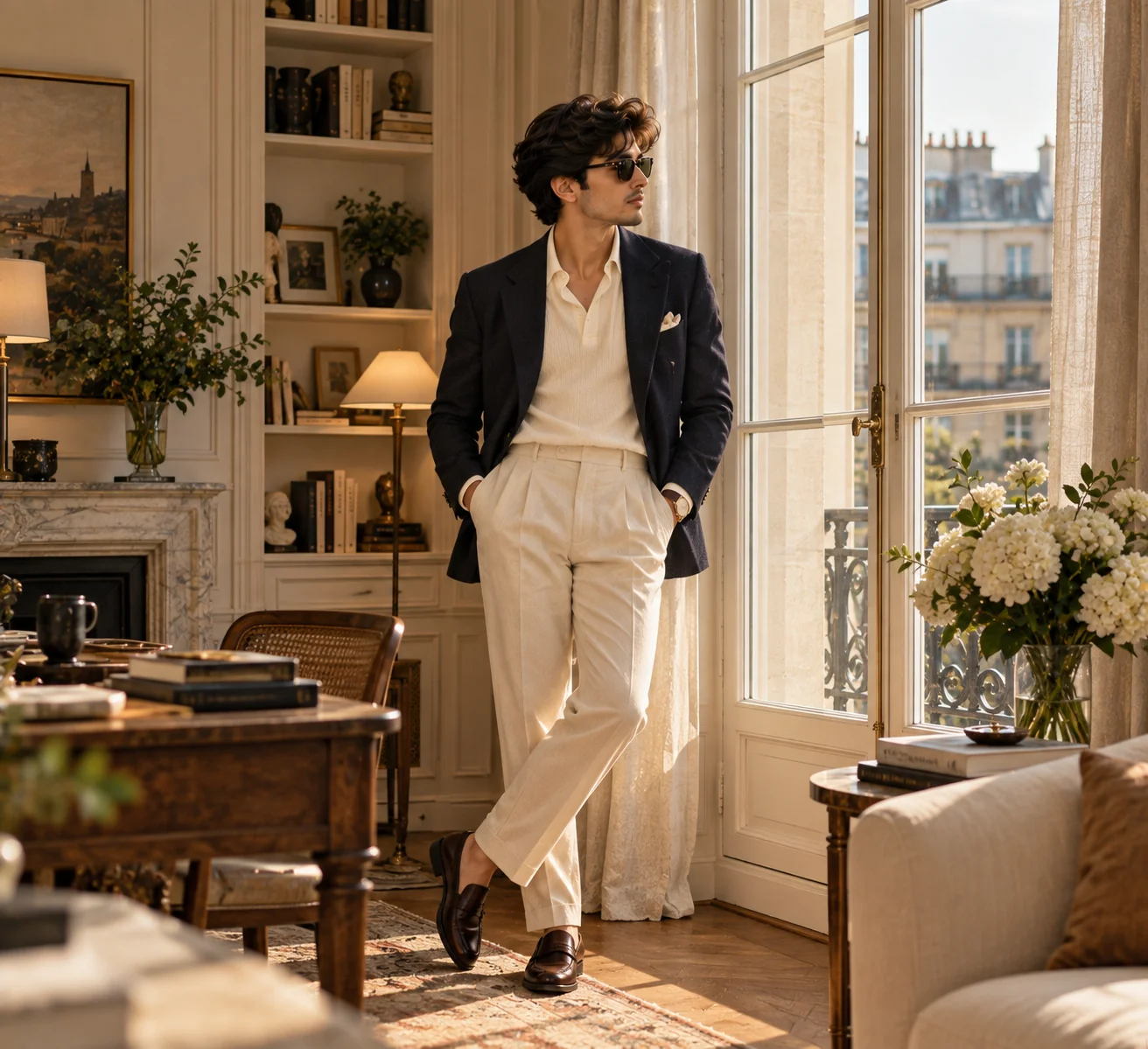 Modern quiet luxury old money portrait inside an elegant apartment