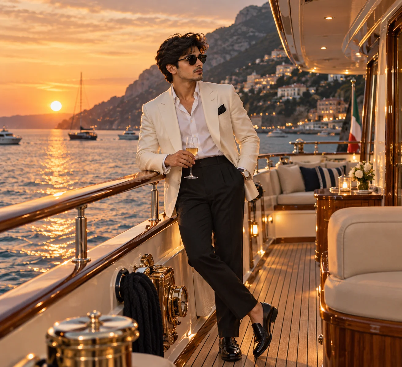 Elegant old money evening portrait aboard a luxury yacht